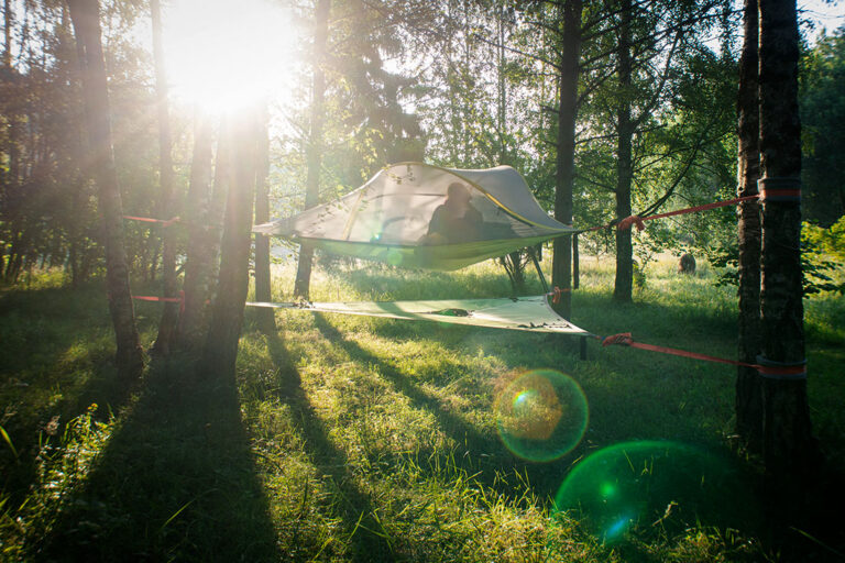 A person sitting inside a Tentsile looking at the beautiful sunrise