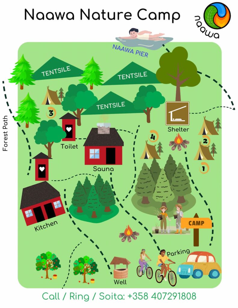 Illustration with an overview of the areas at Naawa Nature Camp